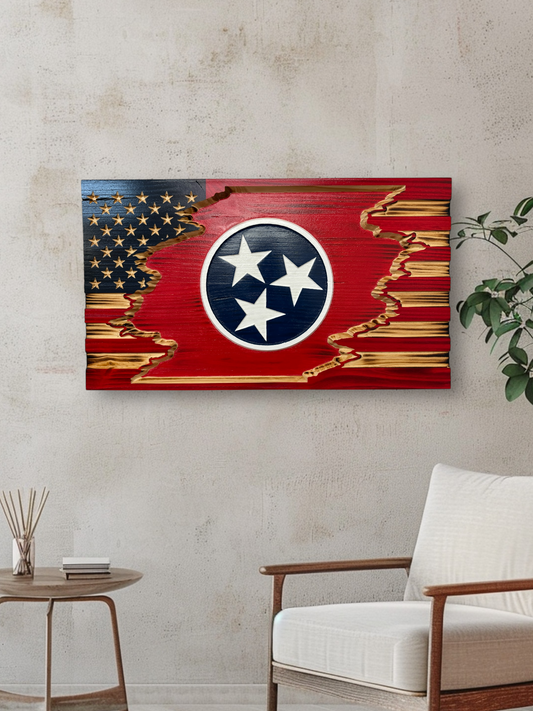 American/State of Tennessee Wooden Tattered Flag